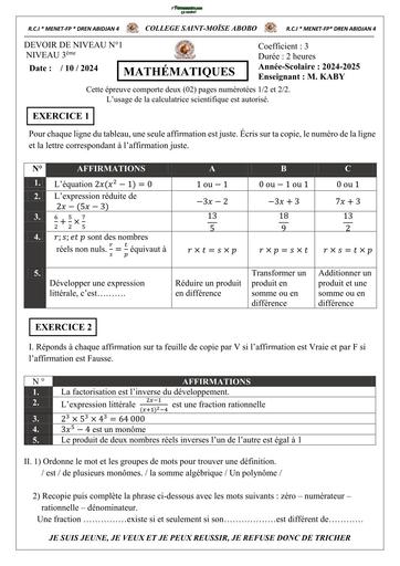 DEVOIR DE MATHS NIVEAU 3ième COLLEGE ST MOISE 2025 BY TEHUA