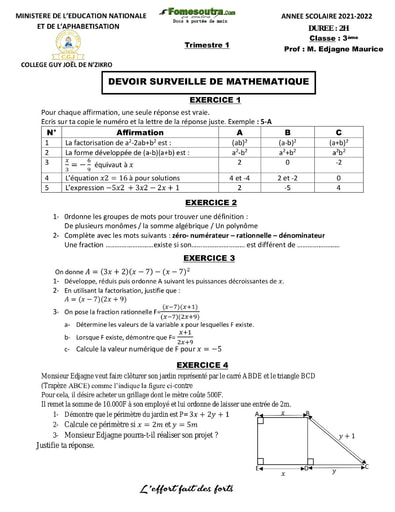 Devoir de Mathématiques niveau 3eme - Collège Guy Joel de N'Zikro - Année scolaire 2021-2022