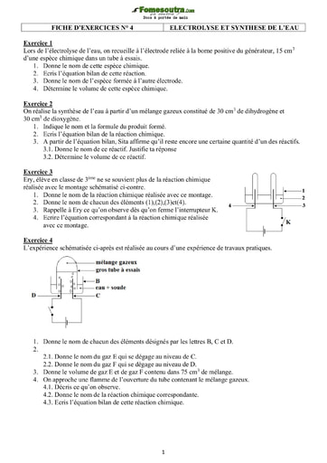 Fiche d'exercices : Electrolyse de Synthèse de l'Eau