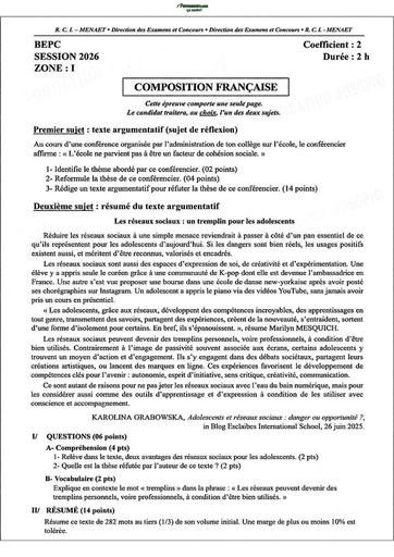 Bepc 2026 Composition française zone 1 sujet by Tehua