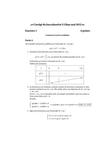 Corrigé du Baccalauréat S math liban 2012