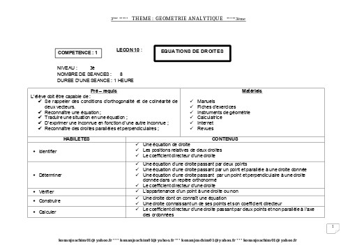 Fiche de cours Maths 3ième Leçon 10 Equations de Droites by TEHUA