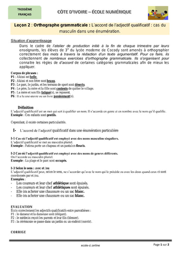 Cours orthographe grammaticale : L’accord de l’adjectif qualificatif : cas du  masculin dans une énumération.