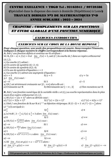 Prepa TD QCM+Exo+Etude de fonctions Tle S 2024 by Tehua