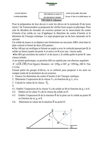 DEVOIR DE PC Tle D N°1 LYCEE MIXTE DE YAKRO 2026 BY TEHUA