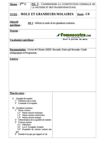 Mole et grandeurs molaires - Cours de Chimie 2nd C