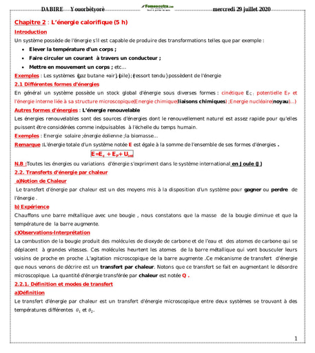 Chapitre 2 : Energie Calorifique (5h)