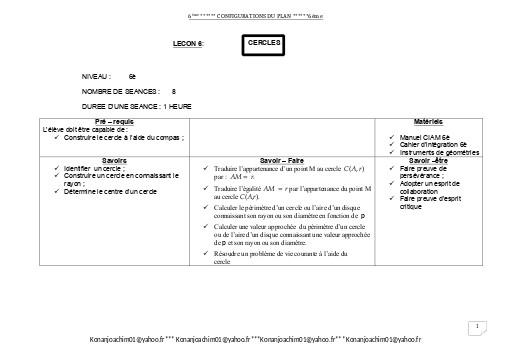 Fiche de cours Maths 6ième Leçon 6 Cercles by TEHUA