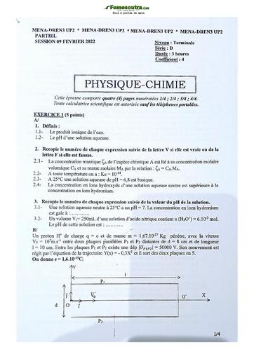 Sujet de Physique-Chimie Terminale D Lycée Classique Abidjan 2022