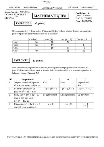 DEVOIR DE MATHS NIVEAU 1iere D du 21 février 2024 provincial