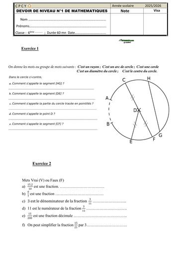 DEVOIR DE MATHS NIVEAU 6ième  janvier 2026 CPCY by TEHUA