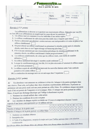 Sujet Terminale D Svt Lycée Classique Abidjan 2020-2021