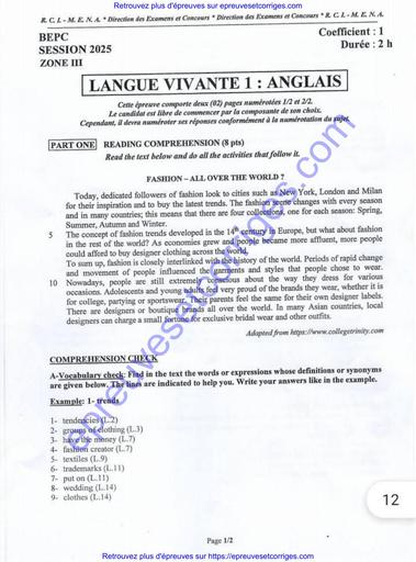 Preuve et Corrigé d’Anglais – BEPC Session 2025 Zone 3