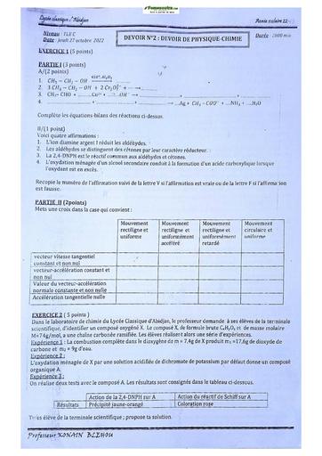 Sujets de Physique-Chimie Terminale C Lycée Classique 2022-2023