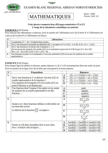 BAC BLANC FEVRIER 2026 DRENA ABIDJAN NORD SUJET MATHS SERIE A2 (SUJET) by TEHUA