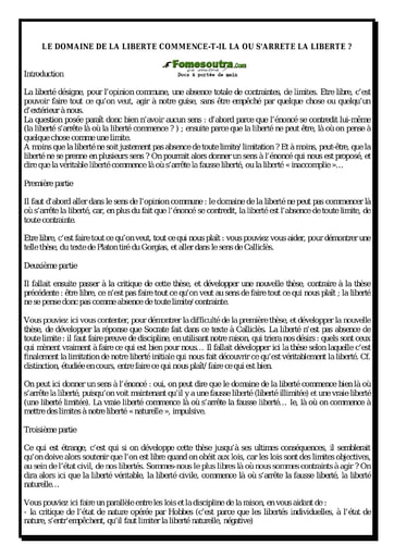 Le domaine de la liberté commence-t-il la oú s’arrête la liberte? - Sujet corrigé de philosophie Terminale A,C,D,E