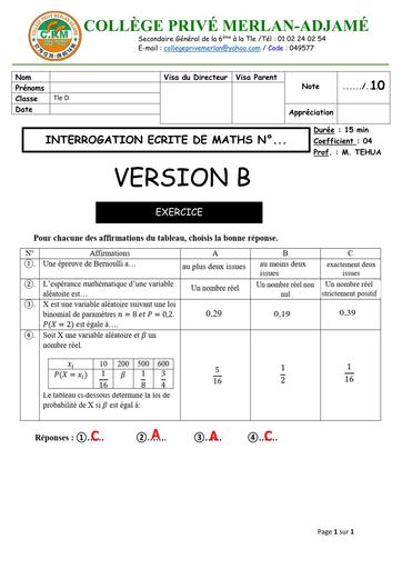 VERSION B BAREME INTERRO ECRITE N°4 DE MATHS NIVEAU Tle D MERLAN DU 10 NOVEMBRE 2025 PROBA VERSION B by TEHUA