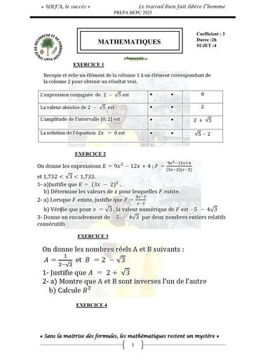 PREPA BEPC 2025 MATHS SUJET 4 BY TEHUA