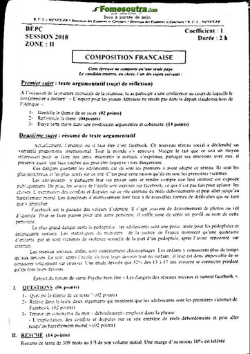 Sujet corrigé et barème Composition Française BEPC 2018 Zone 2