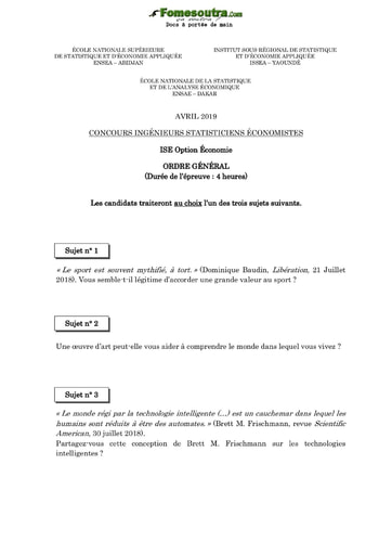 Tous les Sujets et Corrigés - Concours ISE option économie 2019 (ENSEA - ISSEA - ENSAE)