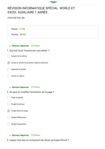 INFAS évaluation INFORMATIQUE SPÉCIAL  WORLD ET EXCEL AUXILIAIRE 1 ANNÉE By TEHUA