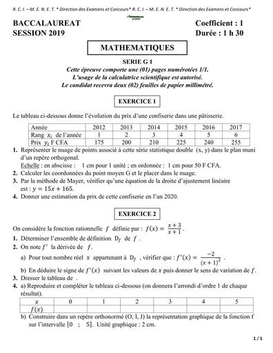 BAC BLANC 2019 SUJET DE MATHS SERIE G1 DRENA ABIDJAN BY TEHUA