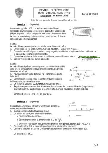 Devoir (10) Physique-Chimie niveau Terminale D - EMPT Bingerville