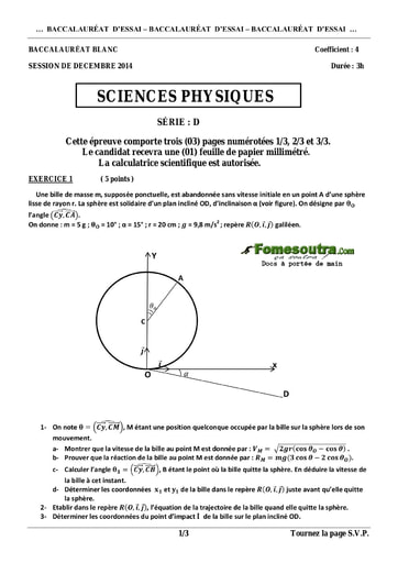 Sujet de Physique-Chimie BAC blanc 2014 série D