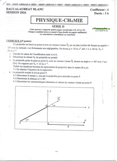 Sujet de Physique-Chimie BAC blanc serie D 2016 - DREN Abidjan 4