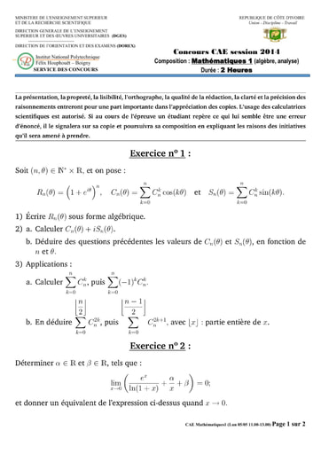 Sujet de Mathématique 1 concours CAE 2014