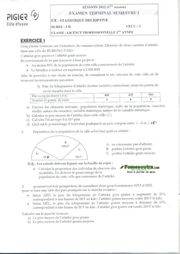 Sujet de Statistique Descriptive Licence Professionnelle 1ere année session 2012 - PIGIER