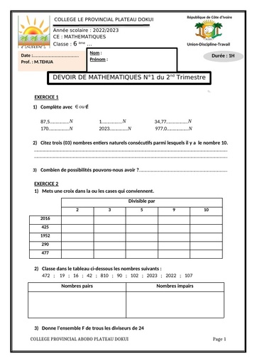 Compo fin de trimestre Nov 2023 maths 6ieme Collège provincial by Tehua