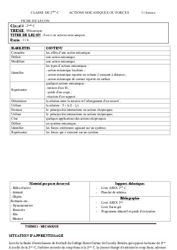 FCICHE DE COURS PC 2nde C L2 Actions mecaniques by TEHUA