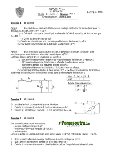 Devoir (12) de Physique (Electricité)  2nde C - EMPT Bingerville