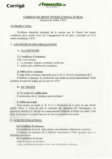 Corrigé de l'épreuve de Droit International Public - Juillet 1995