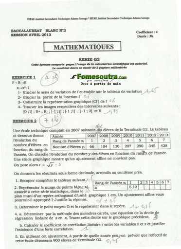 Sujet de Maths BAC blanc série G2 ADAMA SANOGO 2013