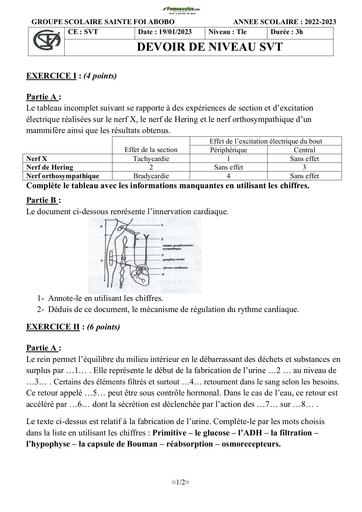 Devoir SVT Terminale D Groupe scolaire Sainte Foi Abidjan 2022-2023