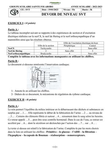 Devoir SVT Terminale D Groupe scolaire Sainte Foi Abidjan 2022-2023