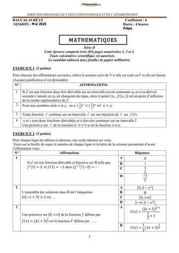 PREPA BAC MAI 2025 MATHS SERIE D Mai 2025 SUJET+CORRIGE BY TEHUA