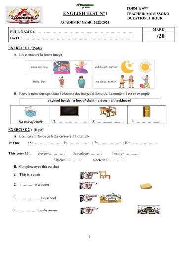 DEVOIR D'ANGLAIS 6ième N°1 2023 BY TEHUA