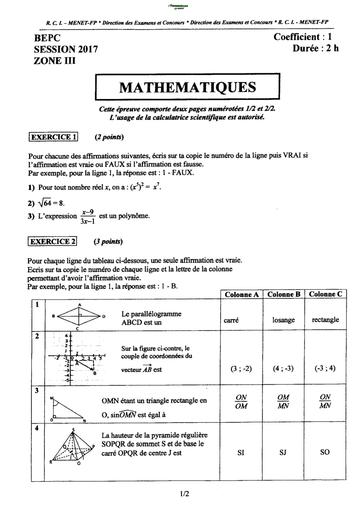 DOC PREPA BEPC 2026 MATHS by TEHUA