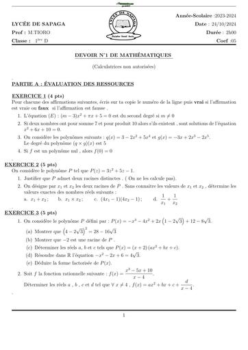 DEVOIR DE MATHS  NIVEAU 1ière D LYCEE DE SAPAGA 2024 BY TEHUA