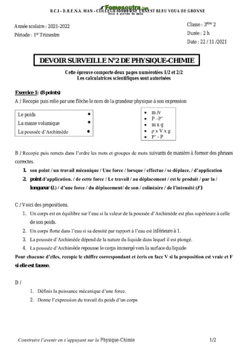 Devoir physique chimie niveau 3ème Collège Sainte Foi 2021 2022