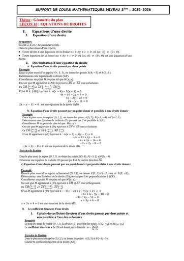 4 SUPPORT DE COURS MATHS 3ième LEÇON 10  EQUATIONS DE DROITES