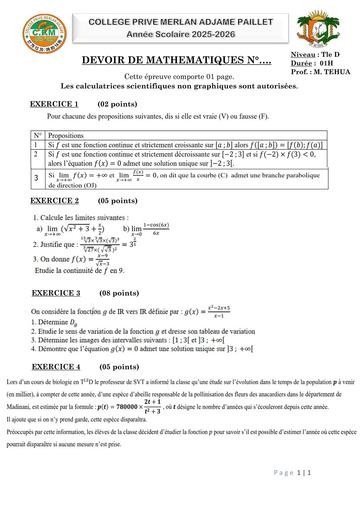 DEVOIR DE MATHS N°1 LIMITES ET CONTINUITE Tle D MERLAN Octobre 2025 by TEHUA