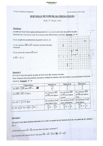 Sujet de Math Seconde C 2021-2022 Lycée Classique Abidjan