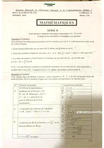 BAC blanc Mars 2026 Maths serie D Drena Abidjan 1 sujet By TEHUA