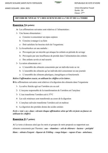 SUJET 3ième Devoir SVT du 18 02 25 3ème sainte ruth de YP BY TEHUA