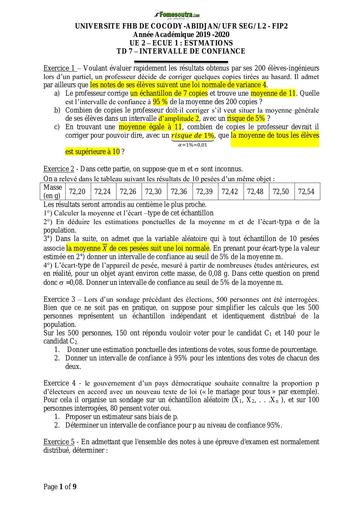 UFHB de Cocody TD7 Estimation Intervalles de confiance corrigé L2 fip 2 by TEHUA