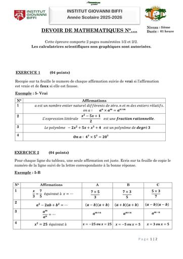 DEVOIR DE MATHS N°1 4ième 3ième INSTITUT GIOVANNI BIFFI Octobre 2025 by TEHUA